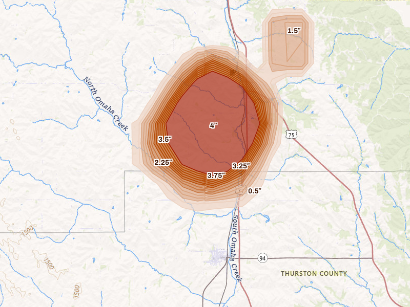Radar-estimated hail-size map of the storm over Walthill, NE on Sep 4, 2026