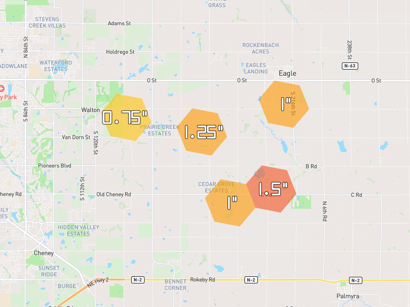Hail map of Walton, NE on Jun 6, 2026, hail up to 1.5"