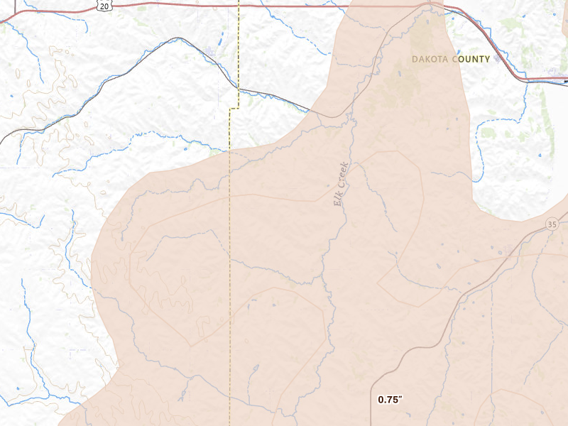 Radar-estimated hail-size map of the storm over Waterbury, NE on May 17, 2026