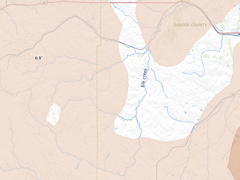 Radar-estimated hail-size map of the storm over Waterbury, NE on Jun 29, 2026