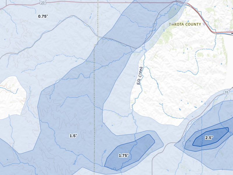 NEXRAD radar-signature map of the hail storm over Waterbury, NE on Jun 29, 2026