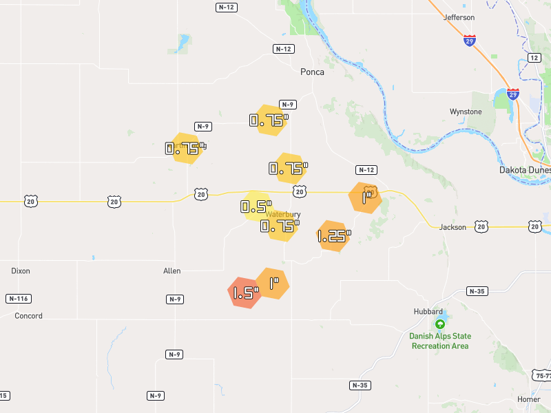 Hail map of Waterbury, NE on Jun 30, 2026, hail up to 1.5"