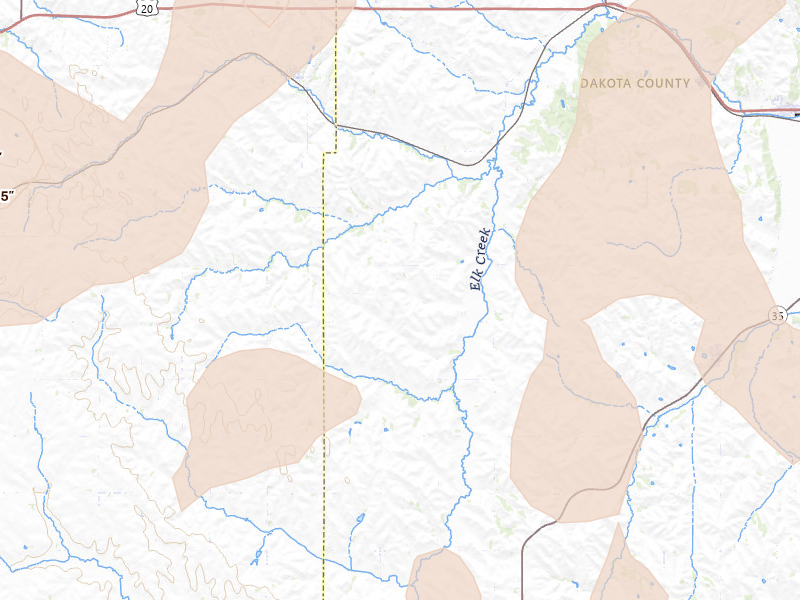 Radar-estimated hail-size map of the storm over Waterbury, NE on Jul 2, 2026
