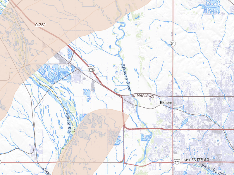 Radar-estimated hail-size map of the storm over Waterloo, NE on Apr 23, 2026