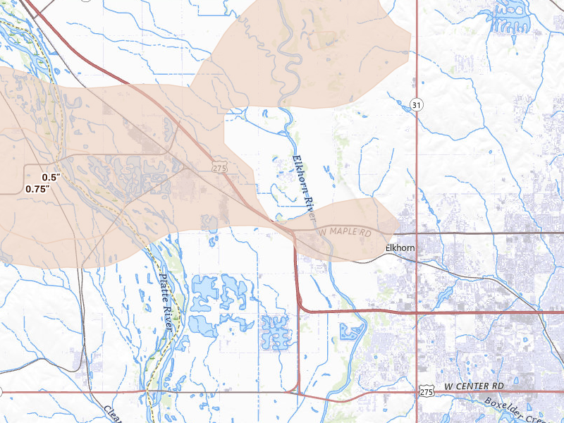 Radar-estimated hail-size map of the storm over Waterloo, NE on May 15, 2026