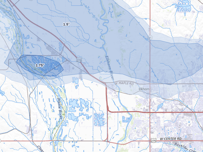 NEXRAD radar-signature map of the hail storm over Waterloo, NE on May 15, 2026