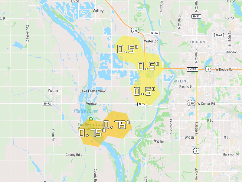 Hail map of Waterloo, NE on Jul 3, 2026, hail up to 0.75"