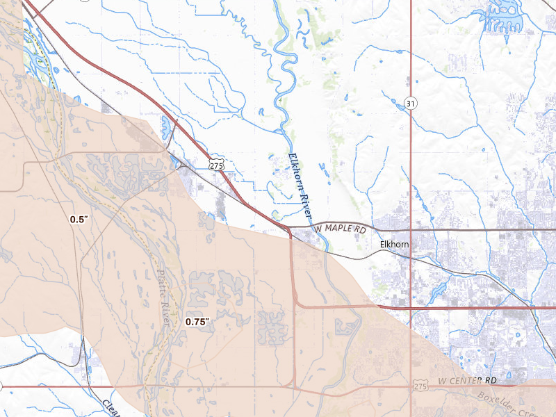 Radar-estimated hail-size map of the storm over Waterloo, NE on Jul 8, 2026