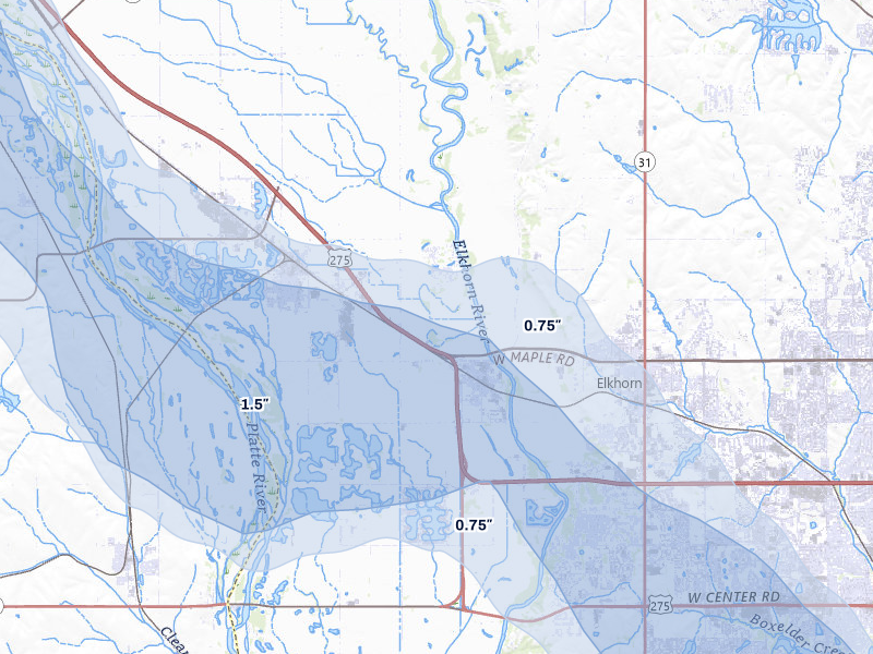 NEXRAD radar-signature map of the hail storm over Waterloo, NE on Jul 8, 2026