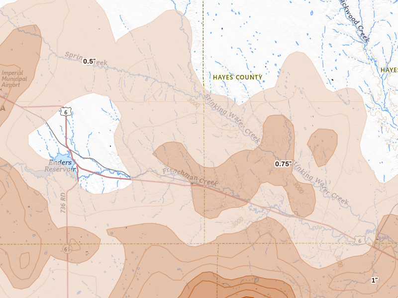 Radar-estimated hail-size map of the storm over Wauneta, NE on Jul 2, 2026