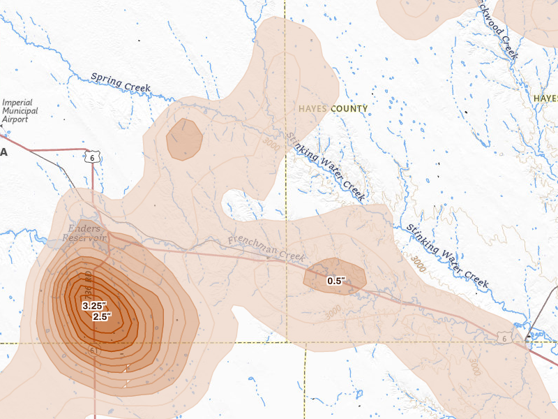 Radar-estimated hail-size map of the storm over Wauneta, NE on Jul 27, 2026