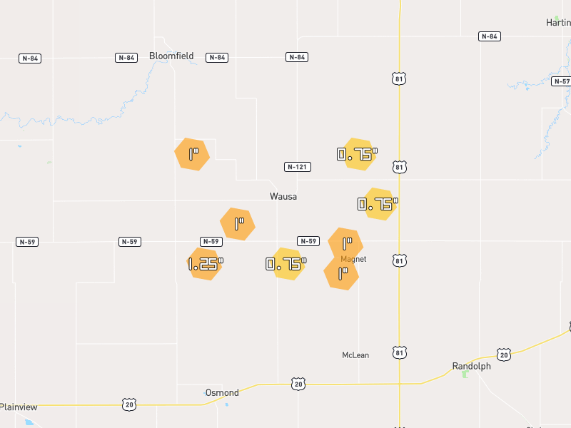 Hail map of Wausa, NE on Jul 3, 2026, hail up to 1.25"