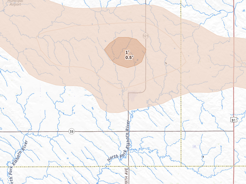 Radar-estimated hail-size map of the storm over Wausa, NE on Aug 11, 2026