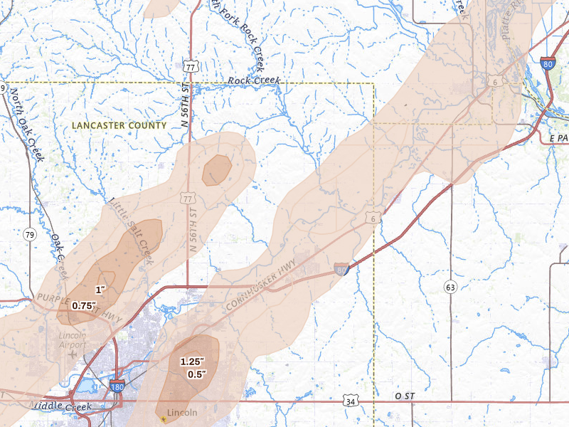 Radar-estimated hail-size map of the storm over Waverly, NE on Apr 23, 2026