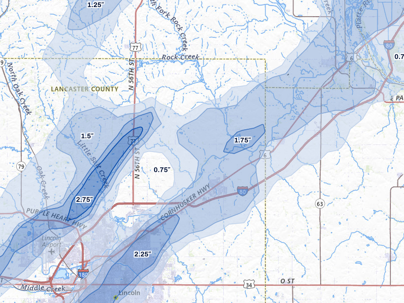 NEXRAD radar-signature map of the hail over Waverly, NE