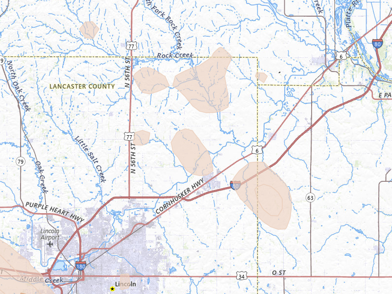 Radar-estimated hail-size map of the storm over Waverly, NE on Jun 1, 2026