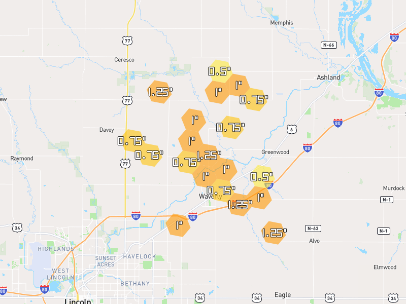 Hail map of Waverly, NE on Jun 2, 2026, hail up to 1.25"