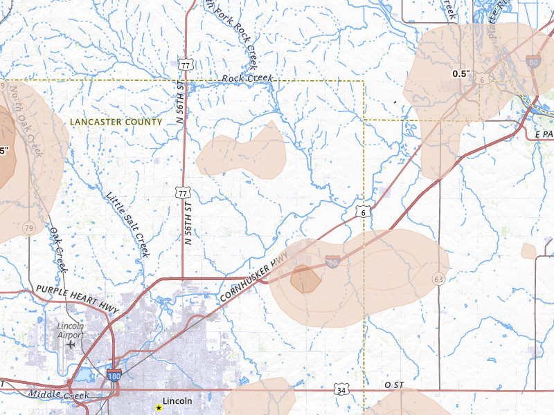 Radar-estimated hail-size map of the storm over Waverly, NE on Jun 5, 2026