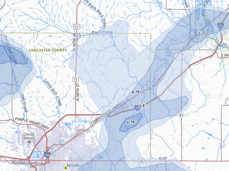 NEXRAD radar-signature map of the hail storm over Waverly, NE on Jun 5, 2026