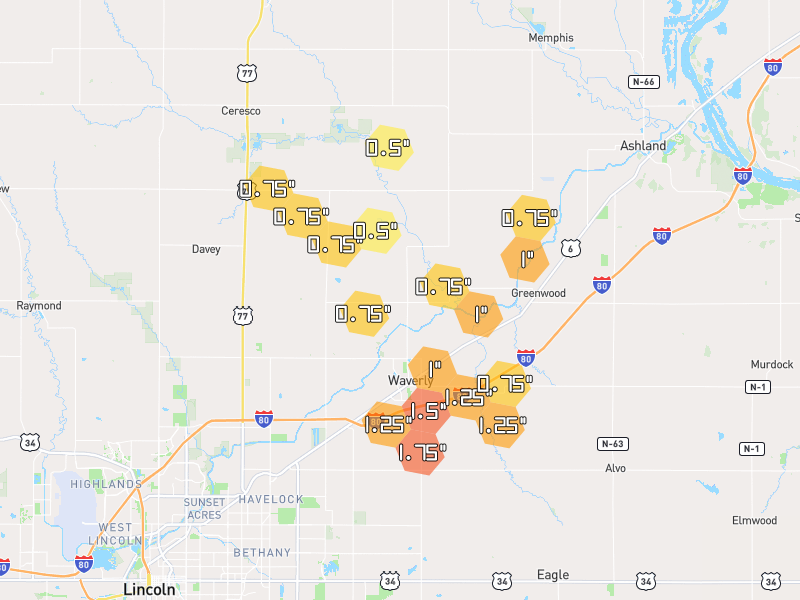 Hail map of Waverly, NE on Jun 6, 2026, hail up to 1.75"