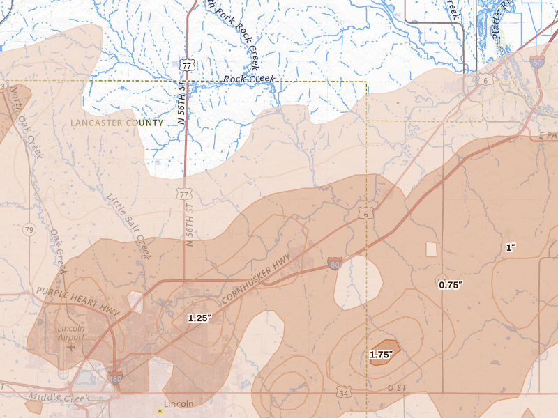 Radar-estimated hail-size map of the storm over Waverly, NE on Jun 10, 2026