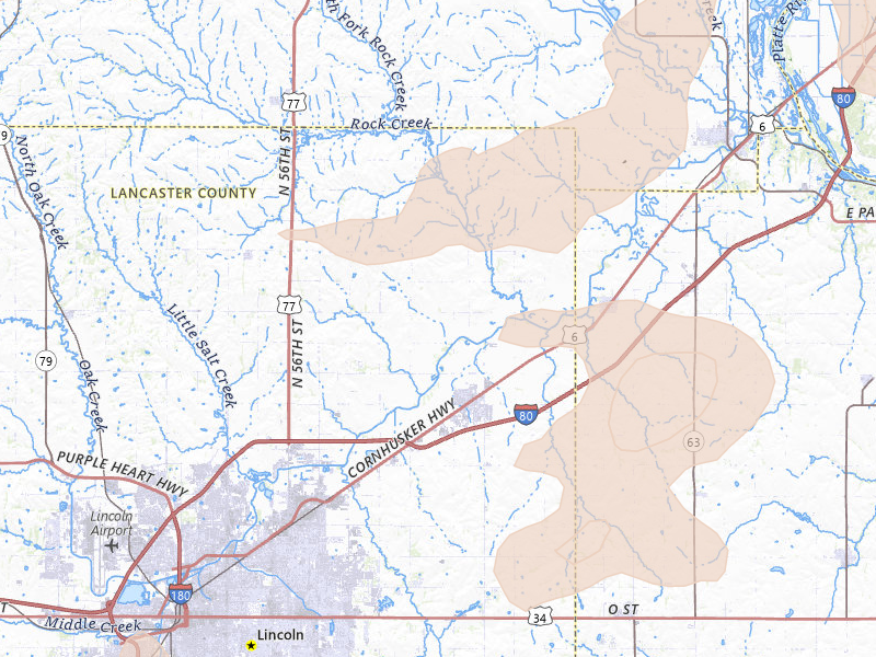 Radar-estimated hail-size map of the storm over Waverly, NE on Jul 3, 2026