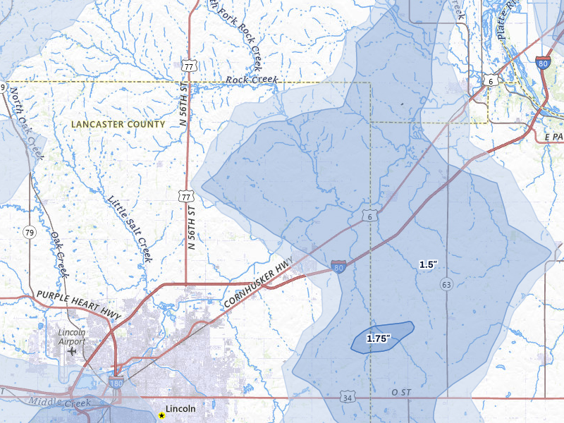 NEXRAD radar-signature map of the hail storm over Waverly, NE on Jul 3, 2026