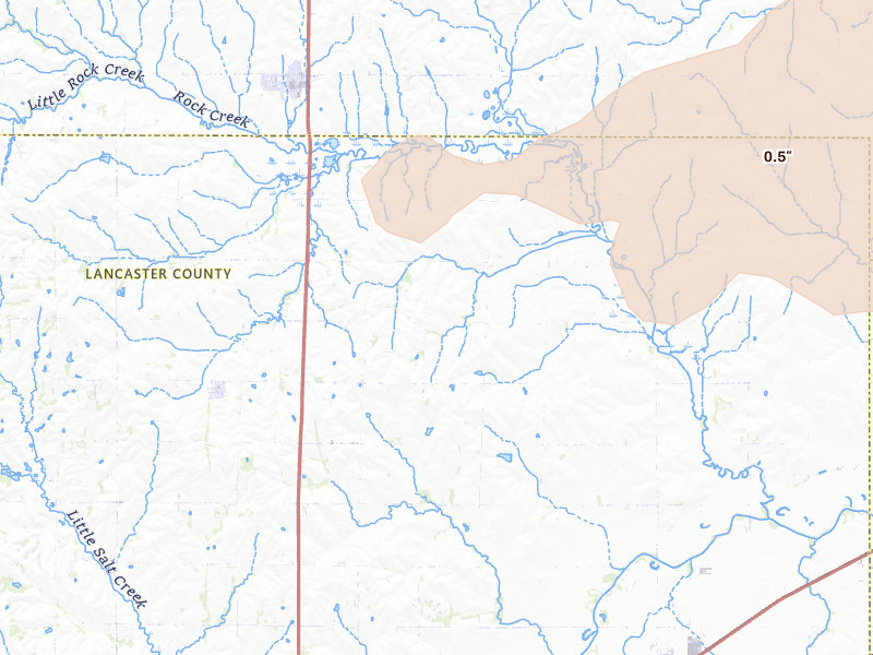 Radar-estimated hail-size map of the storm over Waverly, NE on Aug 4, 2026