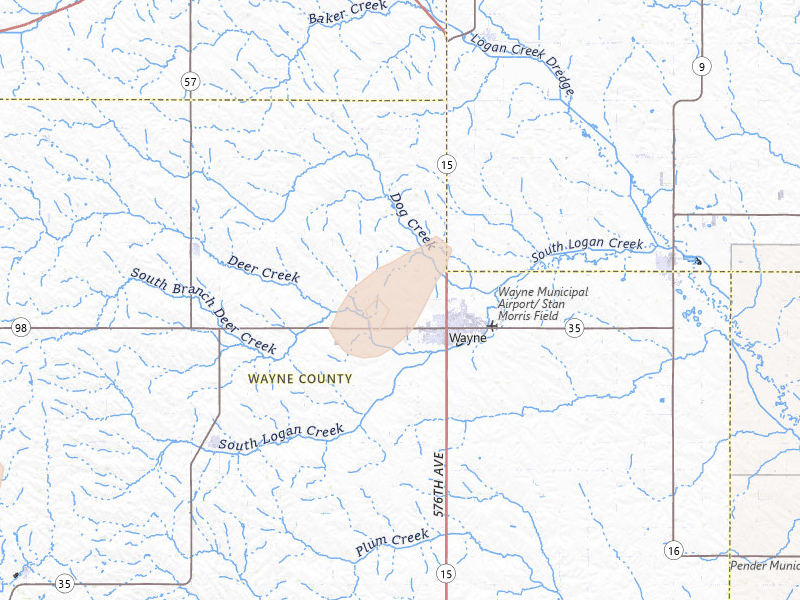 Radar-estimated hail-size map of the storm over Wayne, NE on May 16, 2026
