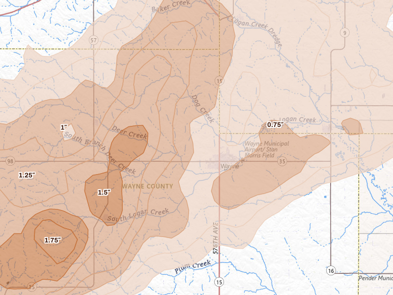 Radar-estimated hail-size map of the storm over Wayne, NE on Jun 29, 2026