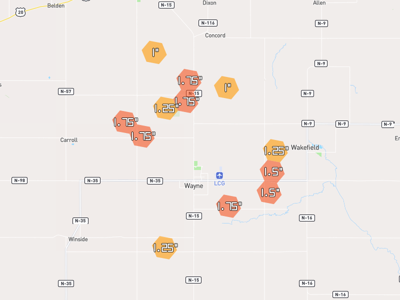 Hail map of Wayne, NE on Jun 30, 2026, hail up to 1.75"