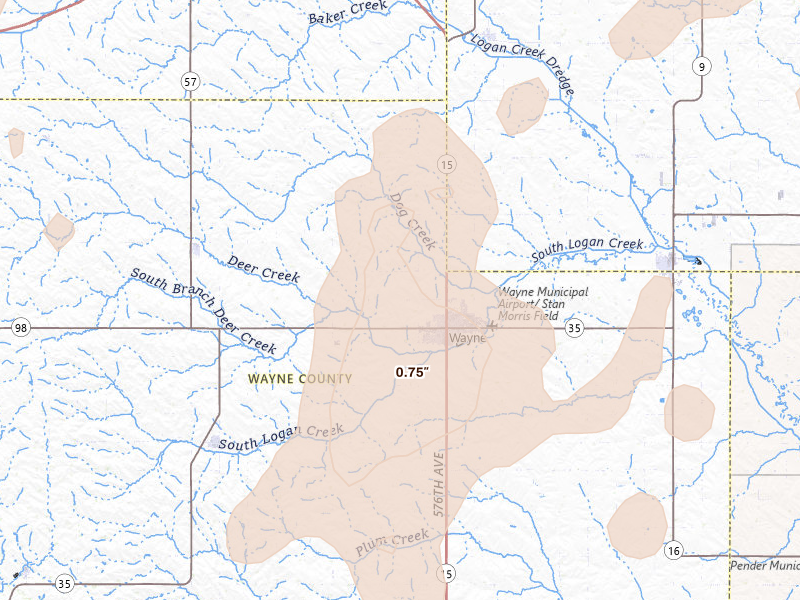 Radar-estimated hail-size map of the storm over Wayne, NE on Jul 2, 2026