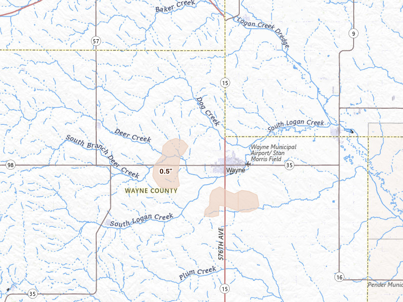 Radar-estimated hail-size map of the storm over Wayne, NE on Jul 26, 2026