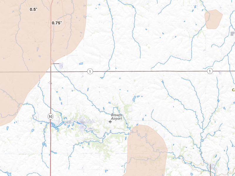 Radar-estimated hail-size map of the storm over Weeping Water, NE on May 17, 2026