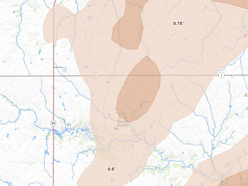 Radar-estimated hail-size map of the storm over Weeping Water, NE on Jun 5, 2026