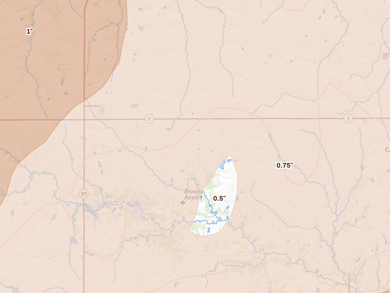 Radar-estimated hail-size map of the storm over Weeping Water, NE on Jun 10, 2026