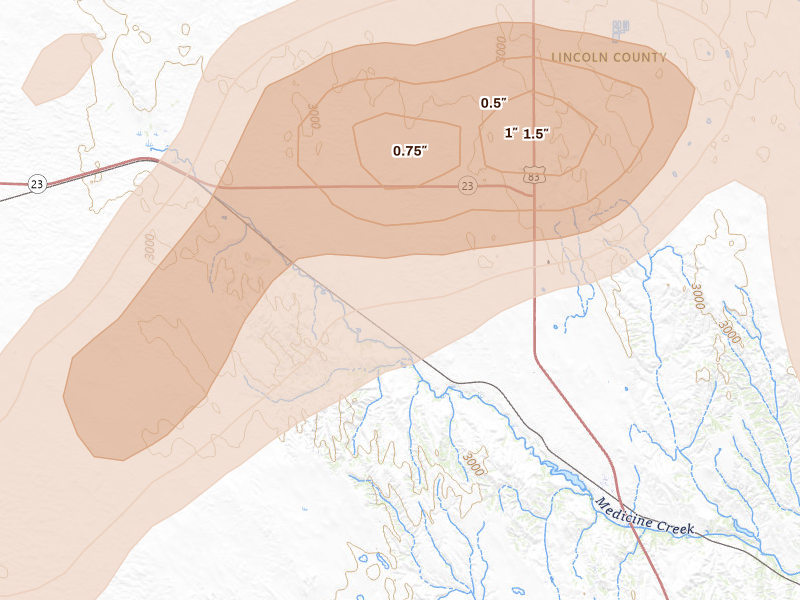 Radar-estimated hail-size map of the storm over Wellfleet, NE on May 16, 2026