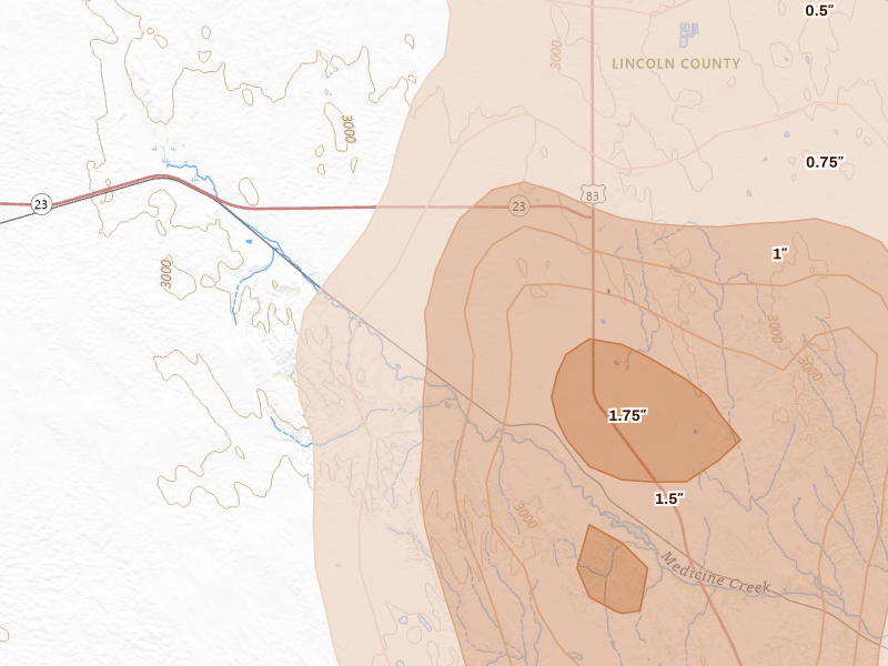 Radar-estimated hail-size map of the storm over Wellfleet, NE on May 30, 2026