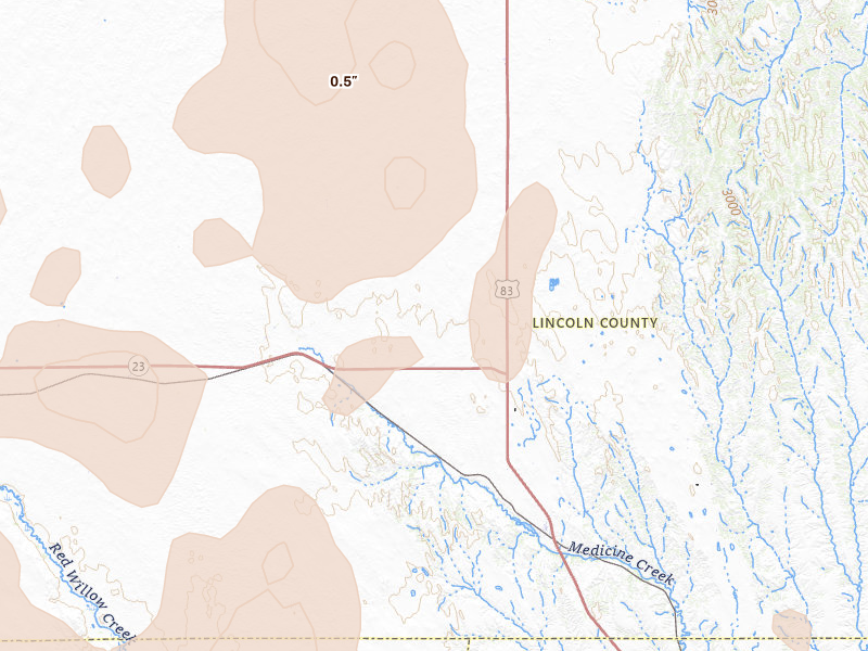 Radar-estimated hail-size map of the storm over Wellfleet, NE on Aug 27, 2026