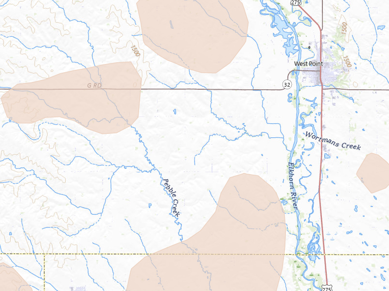 Radar-estimated hail-size map of the storm over West Point, NE on May 17, 2026