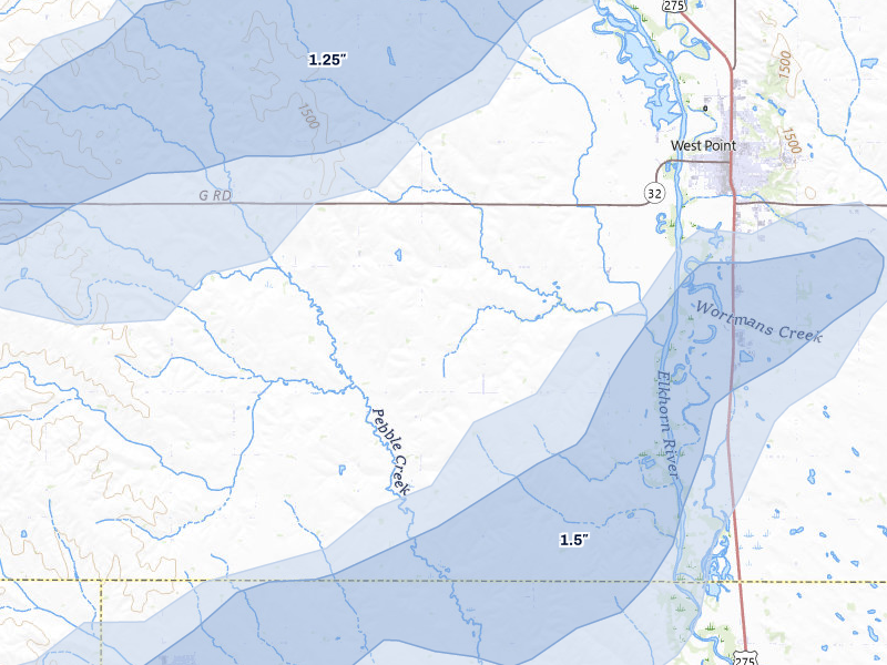 NEXRAD radar-signature map of the hail storm over West Point, NE on May 17, 2026