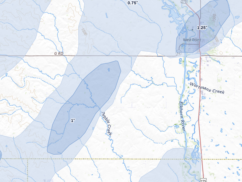NEXRAD radar-signature map of the hail storm over West Point, NE on May 18, 2026