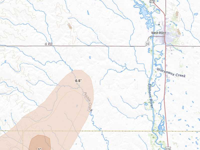 Radar-estimated hail-size map of the storm over West Point, NE on Jul 2, 2026