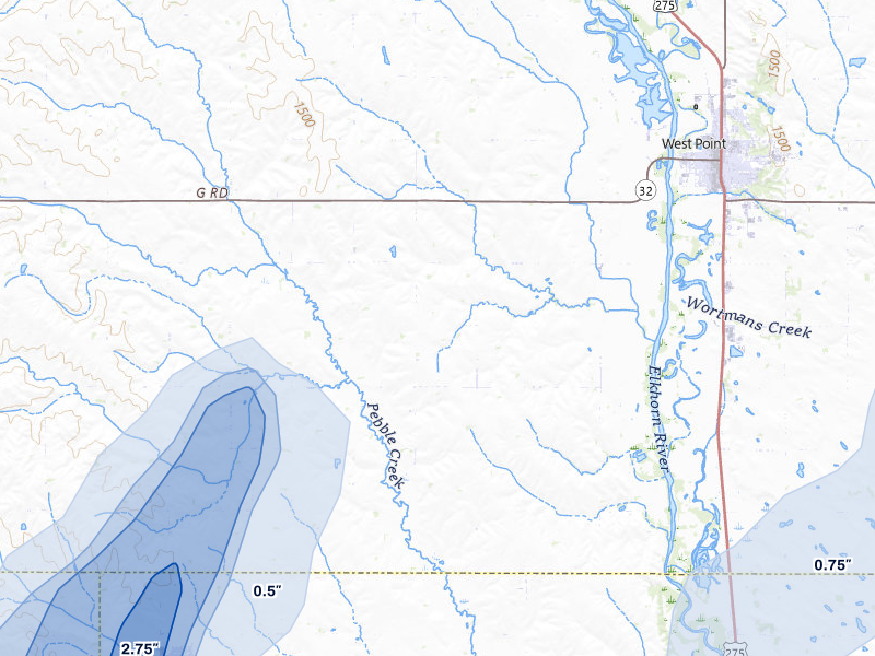 NEXRAD radar-signature map of the hail over West Point, NE