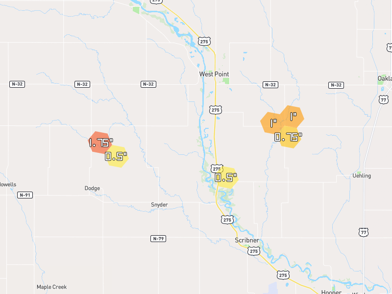 Hail map of West Point, NE on Jul 3, 2026, hail up to 1.75"
