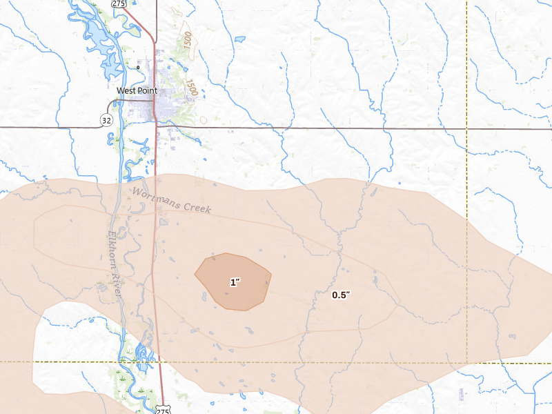 Radar-estimated hail-size map of the storm over West Point, NE on Aug 11, 2026