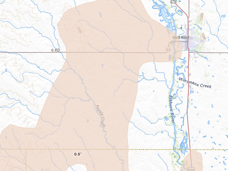 Radar-estimated hail-size map of the storm over West Point, NE on Aug 12, 2026