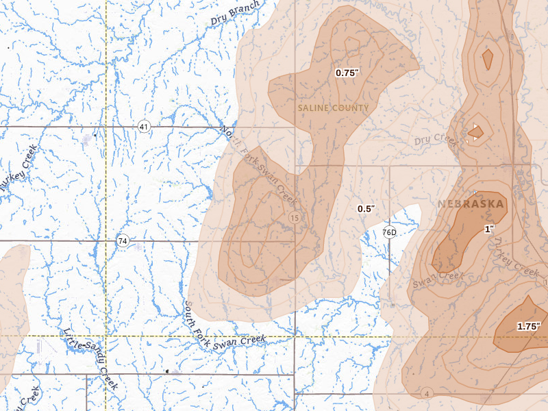 Radar-estimated hail-size map of the storm over Western, NE on May 16, 2026