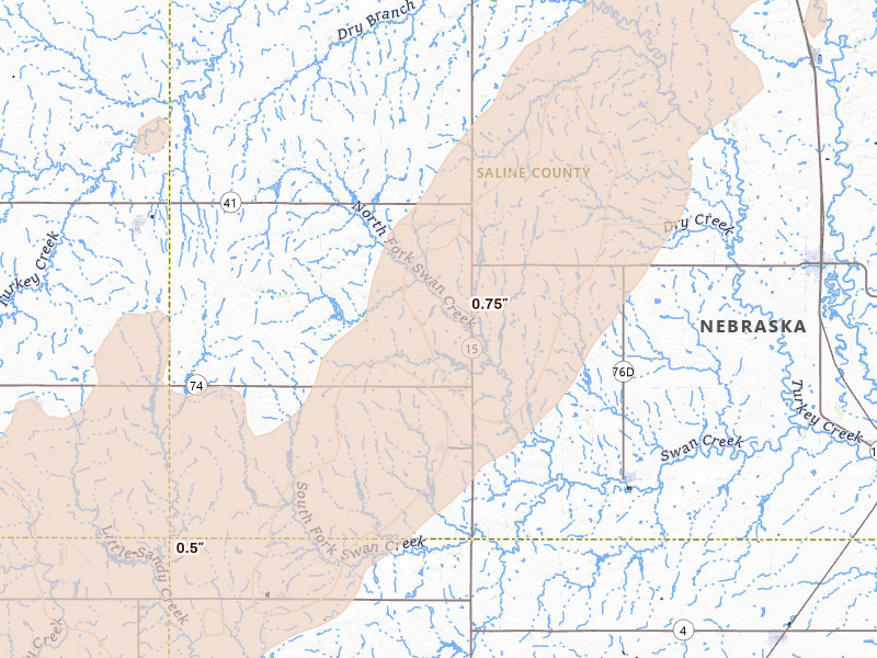 Radar-estimated hail-size map of the storm over Western, NE on May 17, 2026