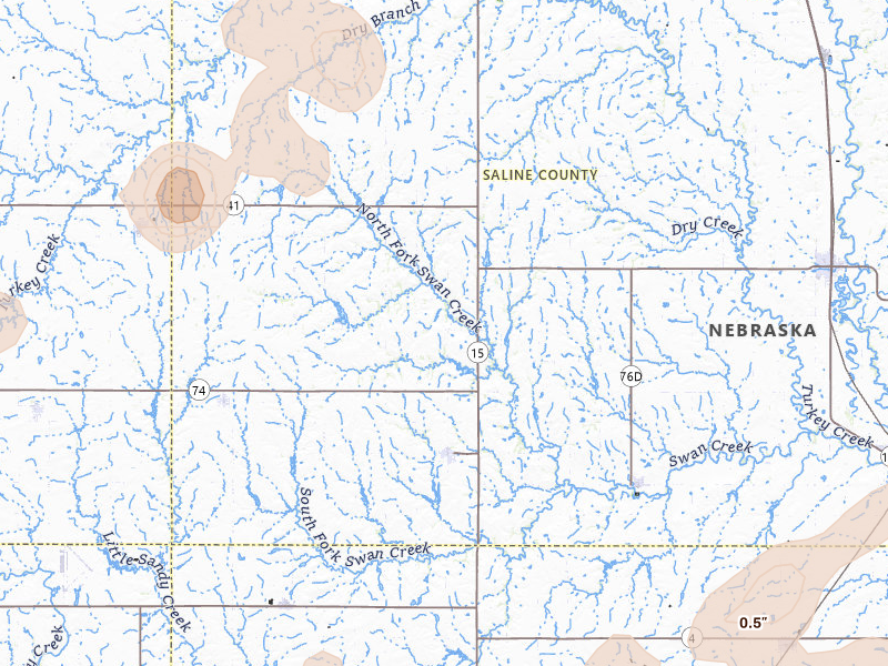 Radar-estimated hail-size map of the storm over Western, NE on May 18, 2026